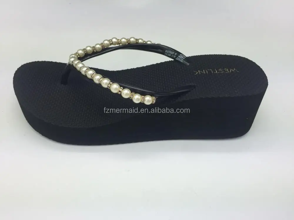 2024 High Quality Cheap Factory Manufacture Fashion Pearl Wedge Shoes Flip Flop Slipper Ladies Heel Shoes