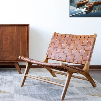 Danish Classic Design Imported Saddle Leather Teak Chair Balcony