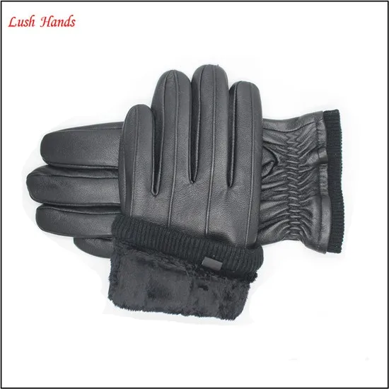 Genuine leather men winter gloves with knitting