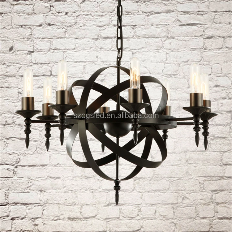 Factory Price Vintage Retro Wrought Iron Black Finishing Hanging Pendant Lamp lED Round Chandelier with E14 Candle Lights