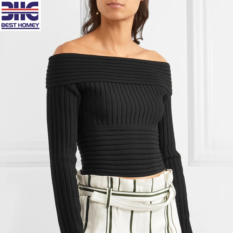 Women's Black Elegant Silk Wool Knitted Pullover Cropped O Neck Sweater