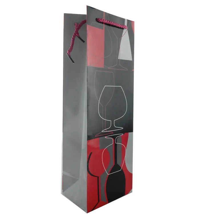 Eco-friendly Custom Printing Paper Wine Bag With Hand Length Handle, Christmas Red Gift Bags