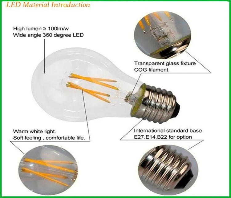 8w 800 Lumen Led Filament Bulb Light A60 Body Shape E26 E27 B22 Base ...