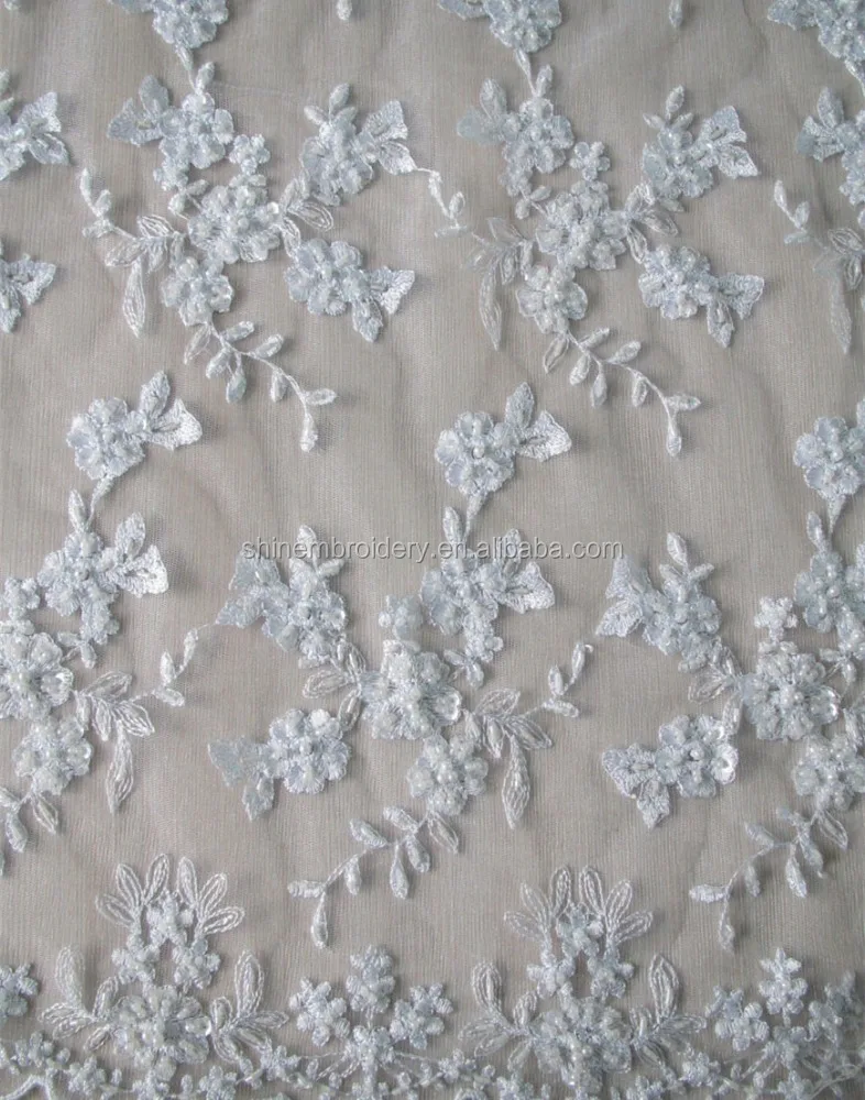 Fancy White Beaded Tulle Lace Fabric With Hand Embroidered Fabric