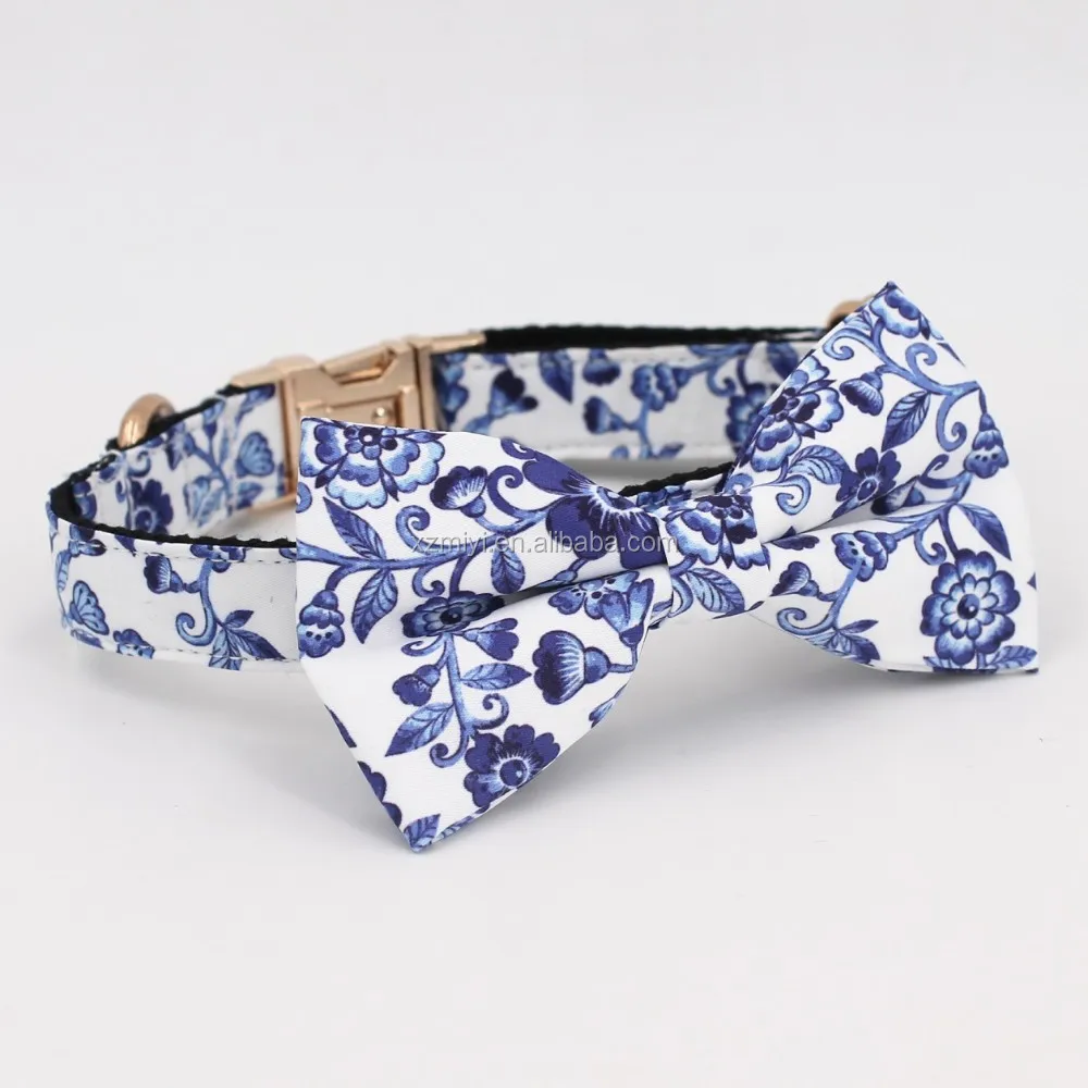 Indigo Blue Floral Dog Bow Collar With Gold Buckle,Matching Leashing