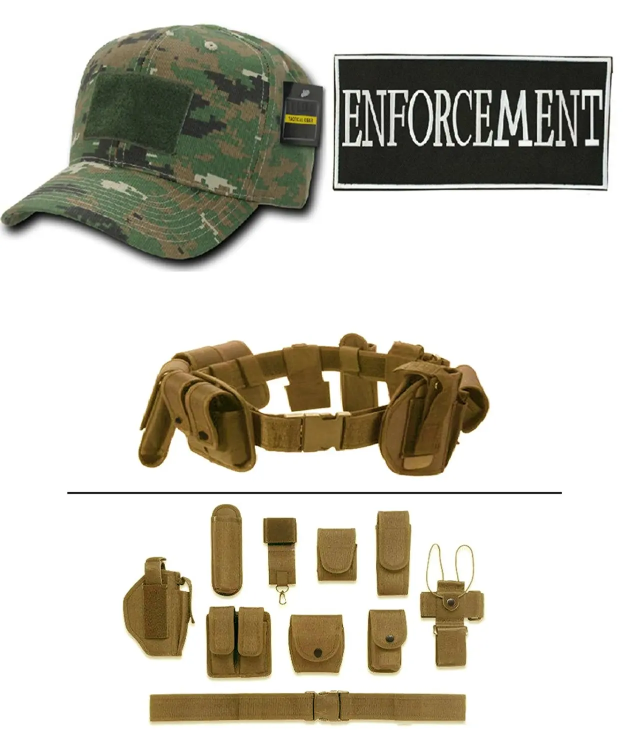 Woodland Digital Cap + ENFORCEMENT ID + Tan Duty Belt Holster