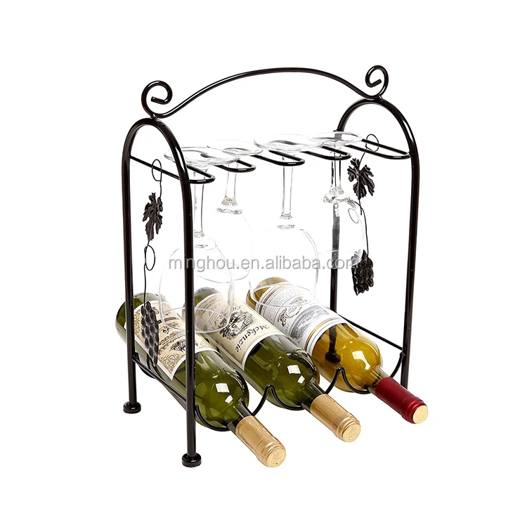 Floor Standing Wire Wine Rack With Wine Glass Holder For Home