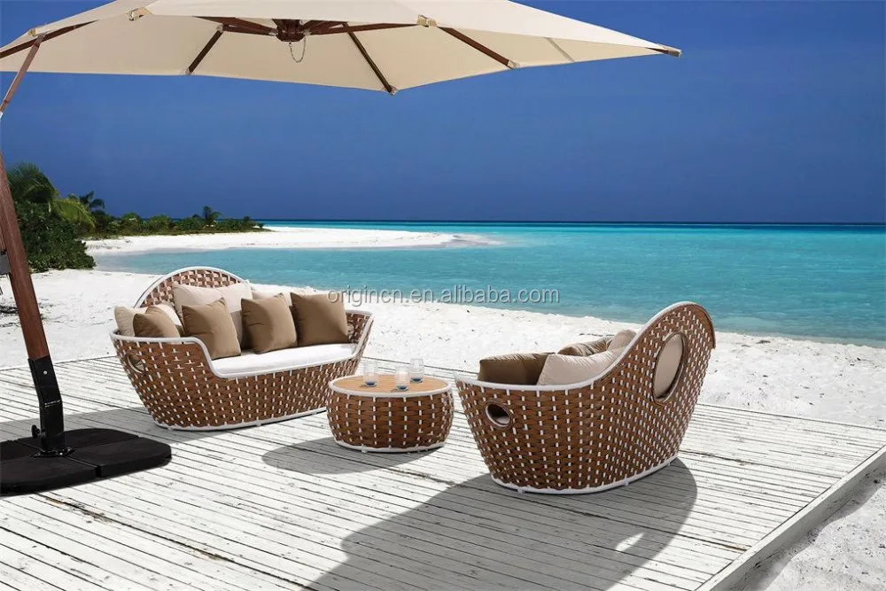 Boat Shaped Tropical Style Poolside Lounge Furniture Set Rattan Outdoor