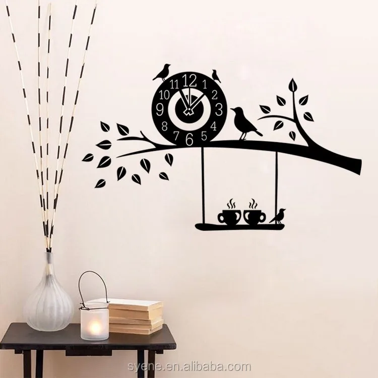 3d art custom vinyl wall sticker clock flying birds tree branch wall