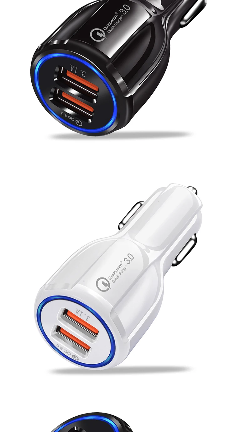 CE/Rosh/FCC Car USB Charger Quick Charge QC3.0 QC2.0 Mobile Phone Charger 2 Port USB Fast Car Charger for iPhone Samsung Tablet