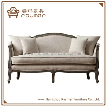 Latest Design French Country Curved Back Gray Linen Antique Wooden Latest Design French Country Curved Back Gray Linen Antique Wooden Sofa