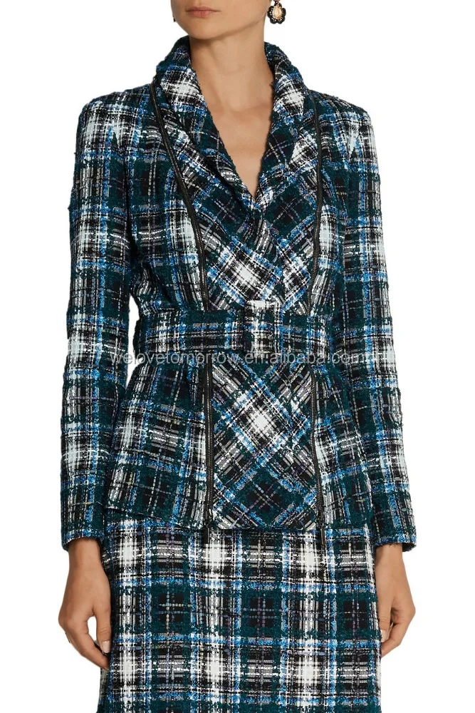 Wholesale women long sleeve zip-embellished open front belted cotton-blend tweed jacket