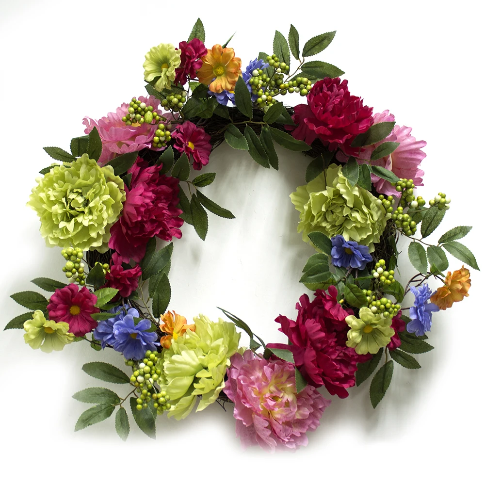 oem设计定制24英寸户外装饰pvc人造春天花圈带灯