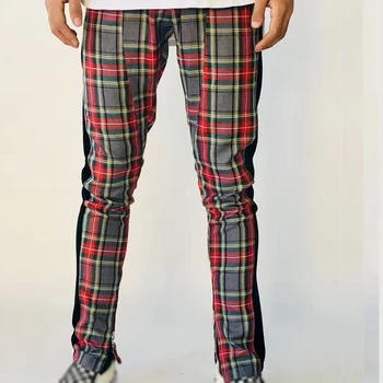 plaid wholesale zipped ankle trousers mens sport stripe pant side joggers pants track sweat slim larger