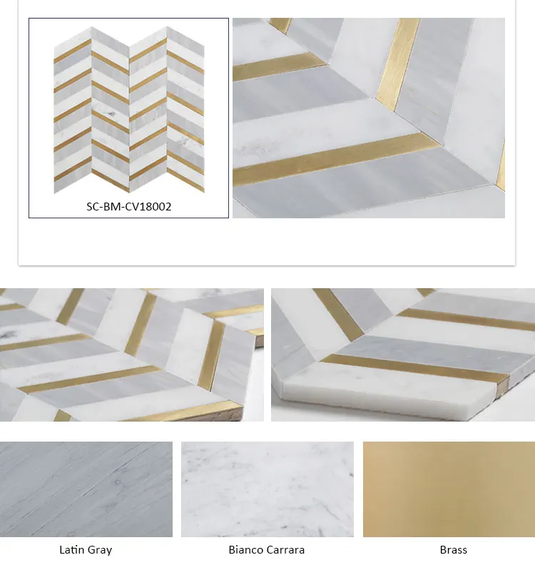Soulscrafts Thassos White Mixed Bianco Carrara Marble and Brass Waterjet Mosaic Wall Tiles