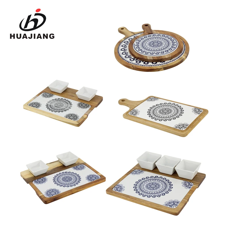 Non-slip wooden base custom printed ceramic serving tray with sauce bowls