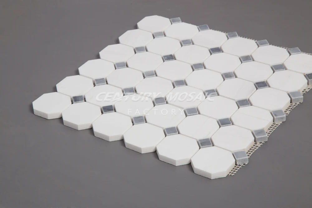 White Dolomite Marble Octagon Mosaic With Latin Grey Dots For Interior ...