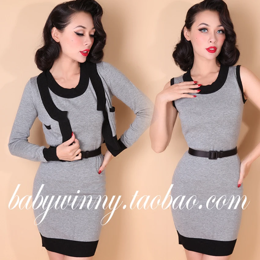 2016 New High Quality Elegant Street All Match Slim Gray Europe Knitted Tight Dress And Cardigan