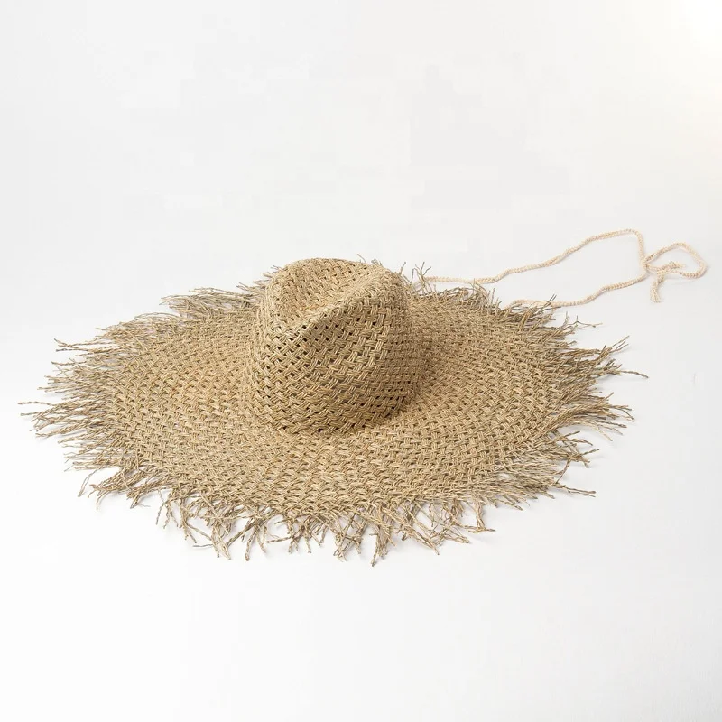 2019 Trendy Salt Grass Frayed Brim Beach Hat Natural Straw Seagrass ...