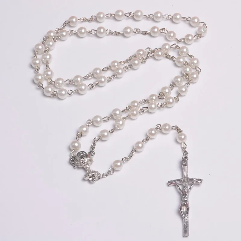 Sterling Silver Rosary Necklace Pearl Crucifix And Miraculous