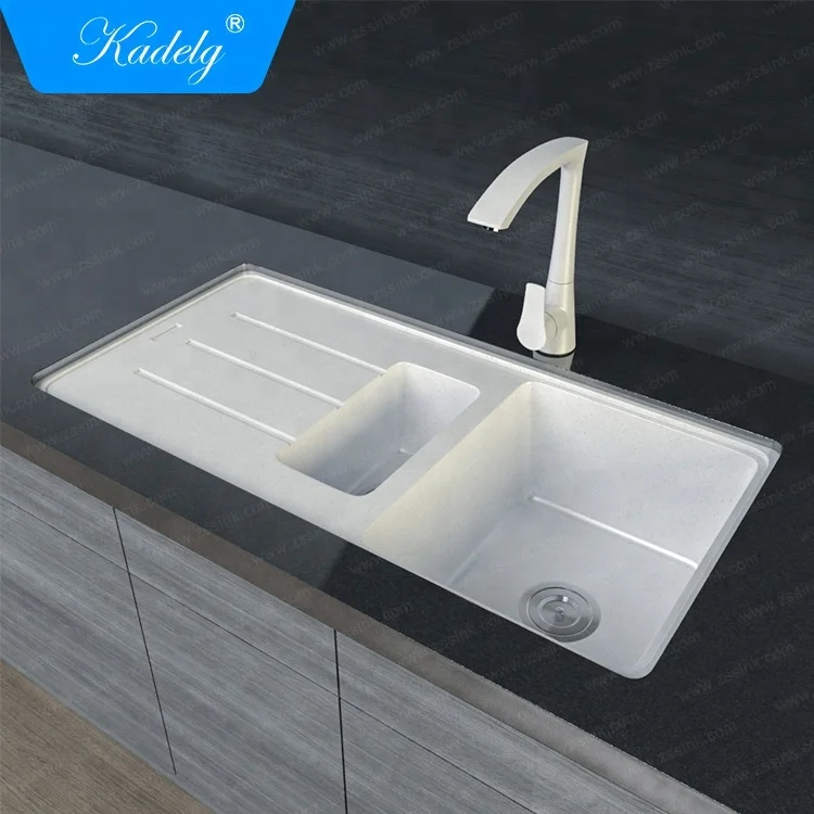 38" White Double Bowl Kitchen Sink with Drainboard