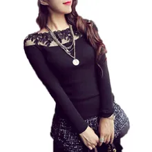 Lace Embroidery Striped Women Sweater Pullover 2016 Spring Autumn Elegant O neck Long Sleeve Knitted Tops Slim Jumpers Plus Size