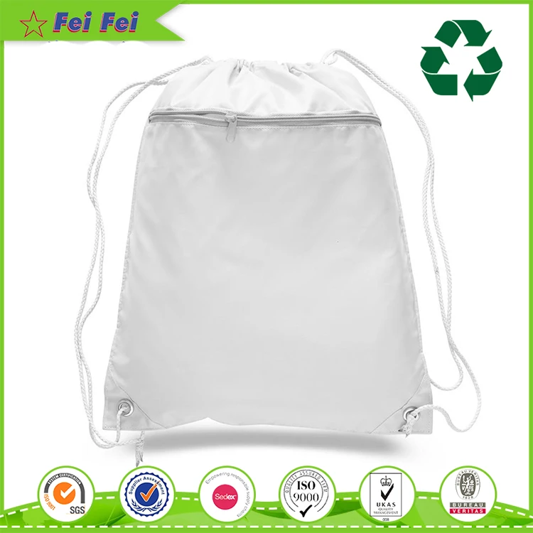 White Cloth Pp Woven Zipper Drawstring Backpack Nylon Beach Recycle Bag