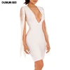Stock No MOQ Women Deep V Long Fringe Tassel Sleeve White Sexy Bandage Evening Dress Sale