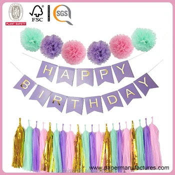 perfect purple happy birthday banner decoration set fluffy pom purple happy birthday signs