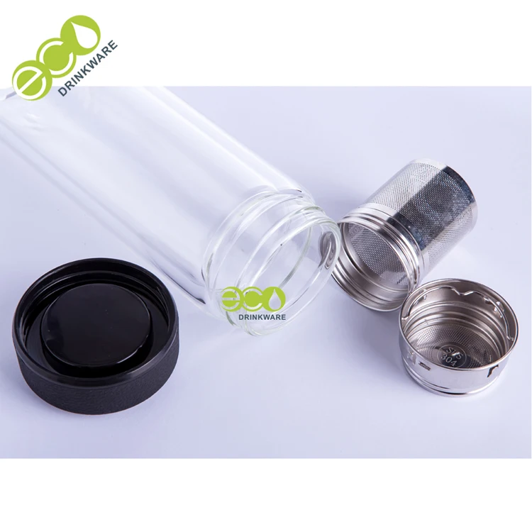 GA6015 Custom logo double wall borosilicate glass infuser drinking tea bottle with tea infuser leather feeling lid