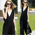2016 Europe Summer Women Jumpsuit V neck Sleeveless Sexy Black Chiffon Wide Leg Jumpsuits Loose Plus