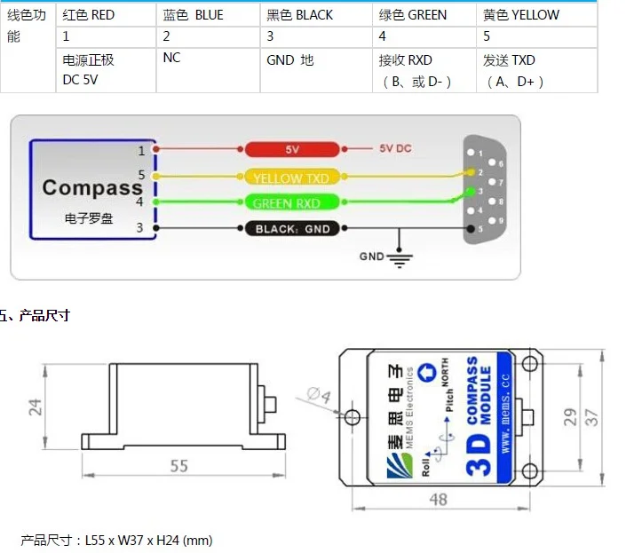 Rs232/rs485/ttl Compass Module Sec345 Dip Angle Compensating 3d