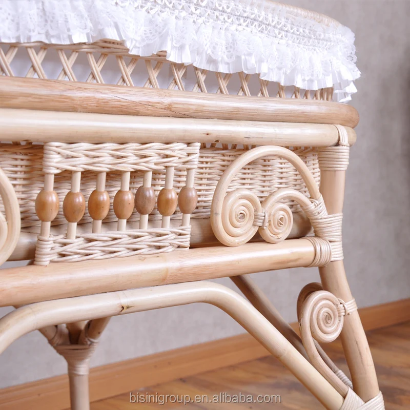 Bisini New Arrival Nature Rattan Color New Born Baby Bed,White Lace