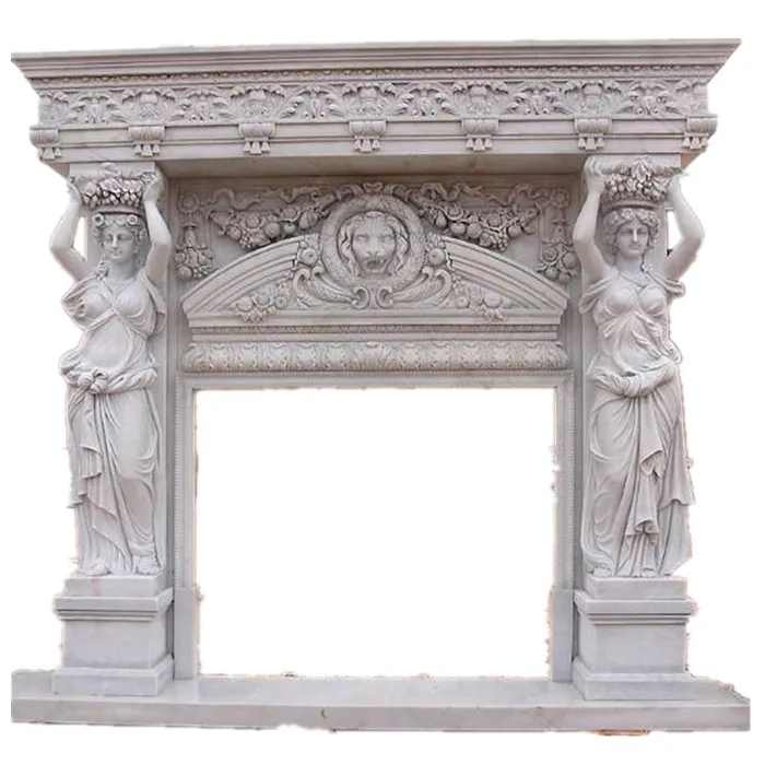 White Antique Religious Stone Marble Fireplace Mantel With Lady