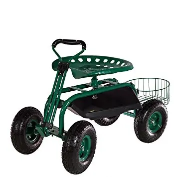 Heavy Duty Green Garden Cart Rolling Work Seat With Tool Tray And