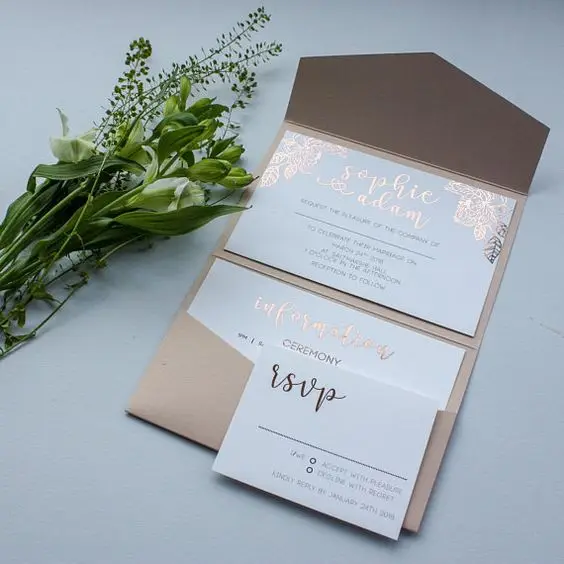 Most Beautiful Floral Printed Peach Pocketfold Wedding Invitations