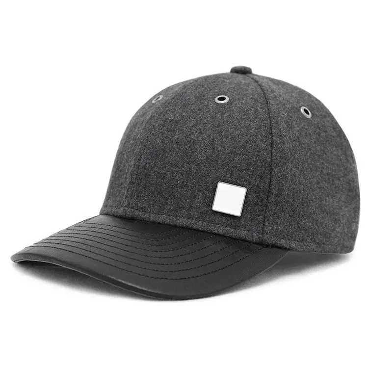 Custom Grey Wool No Logo Baseball Cap With Leather Curved Brim Baseball