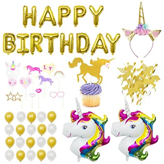 Happy Birthday Banner,Large Unicorn Foil Balloons,Headband