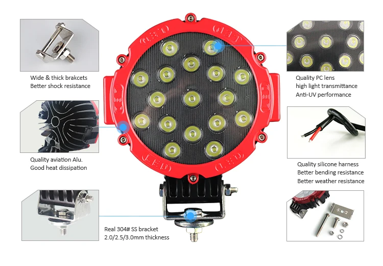 7in 51w LED Power Light Work Light - Round - 4100lm - Spot Flood - for ATV Jeeps Wrangler 4x4 Rv Trailer Fishing Boat Tractor