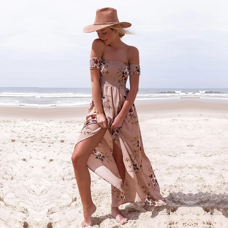 2019 new Boho style long dress women Off shoulder beach summer dresses Floral print Vintage chiffon white maxi dress vestidos