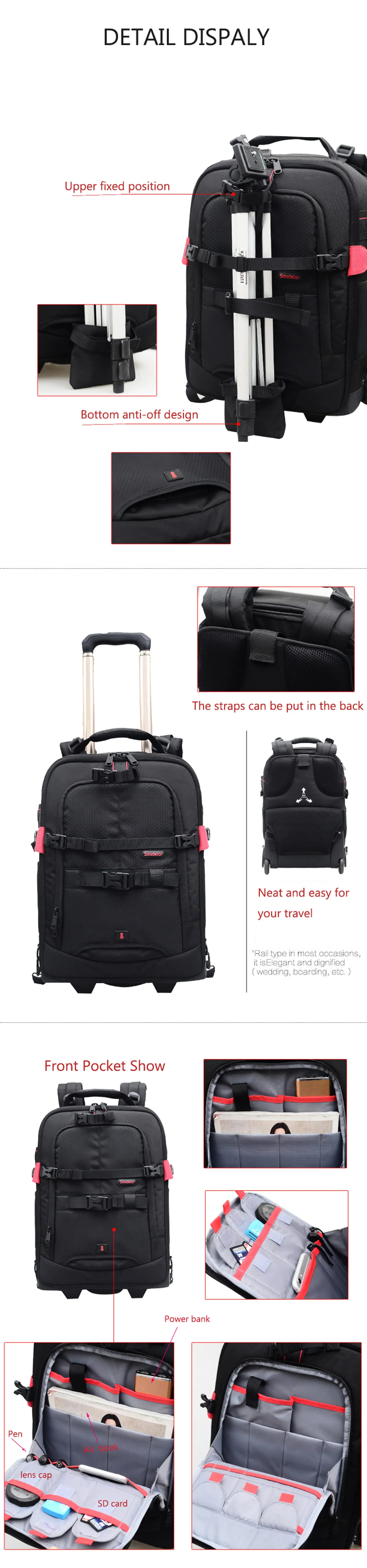 Precision design best travel trolly DSLR camera backpack bag with wheels