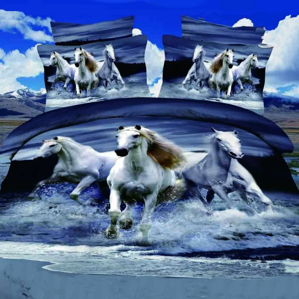 Alicemall 3D Horse Bedding Set Blue Gray Bedding Twin Home Textile Running Horses on Water Polyester 4-Piece Duvet Cover Set, Bed Sheets and Covers Set (Twin)