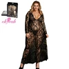 Plus Size Black Delicate Lace Transparent Sexy Long Sleepwear Nightgown