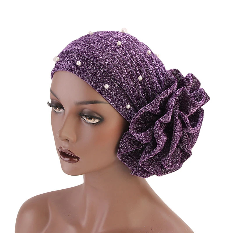 2019 Women Beaded Glitter Muslim Turban Hijab Big Flowers Headband For ...