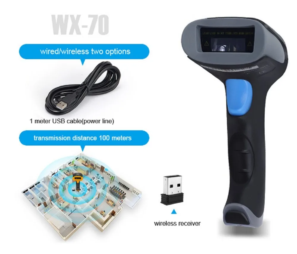 2.4GHz Long Range Transmission Laser Wireless//Wired Barcode Reader BAOSHARE Wireless Barcode Scanner WX-70