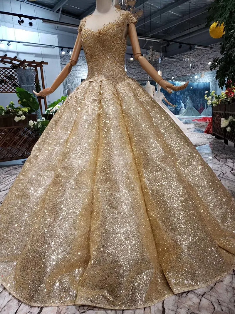 Htl143 Real Luxury New Design Pleat Ball Gown Golden Formal Evening ...