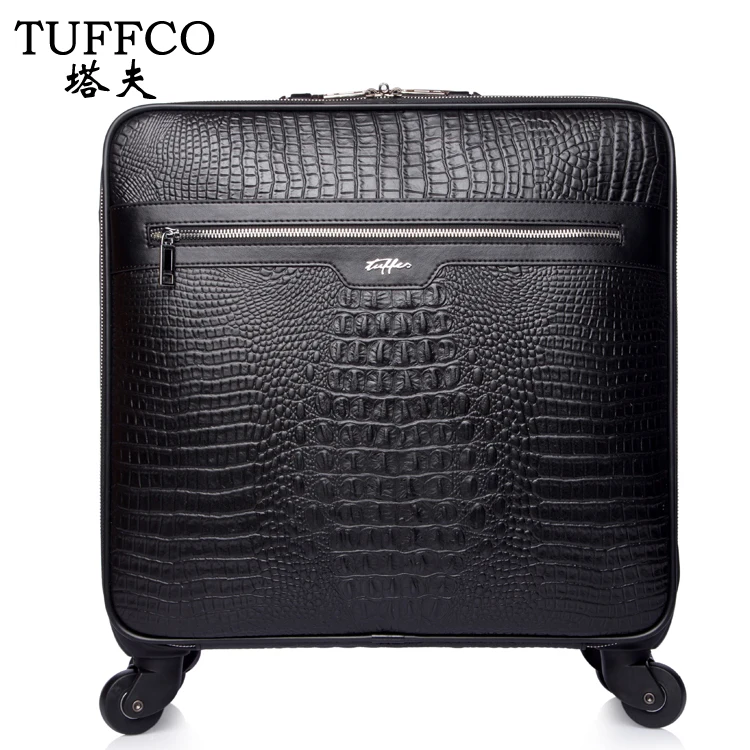 Leather business and leisure travel suitcase 16 inch crocodile pattern black trolley bag