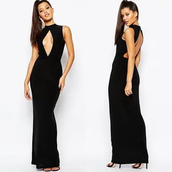 Sexy Cut-out Bodycon Midi Dress Backless Sleeveless Black Fitted Maxi ...