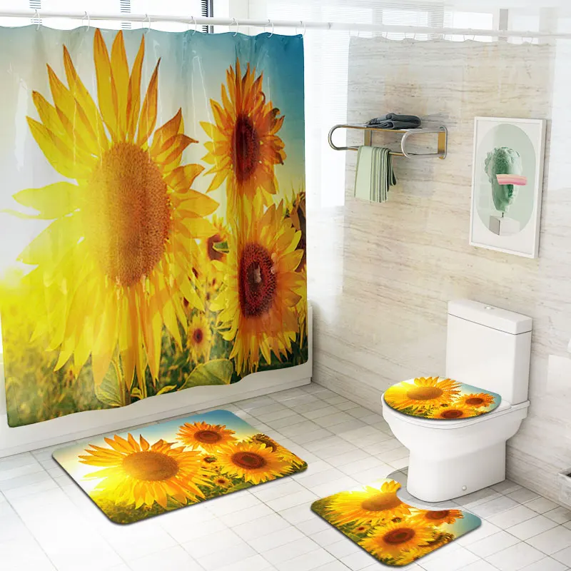 Sunflower Custom Print  Anti Slip Bath Mat and Shower Curtain Set