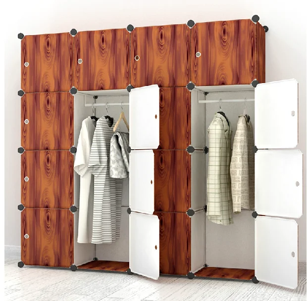 Pp Plastic Wardrobes Storage 16 Cubes Wooden Color Wardrobe For